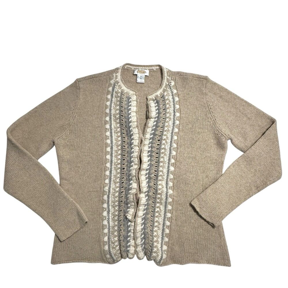Vintage Talbots Women Cardigan Sweater XL Beige Cottage Crochet Ruffle Embroider